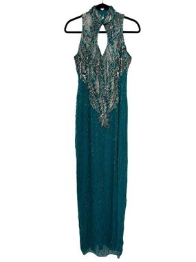 DEMETRIOS DESIGNS Teal Silk Maxi Length Formal Dress Beaded Sequins Glamorous 8